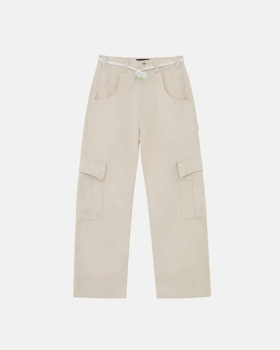 lakai-wide-leg-lace-applique-cargo-pant-natural-pantalon-cargo image 1
