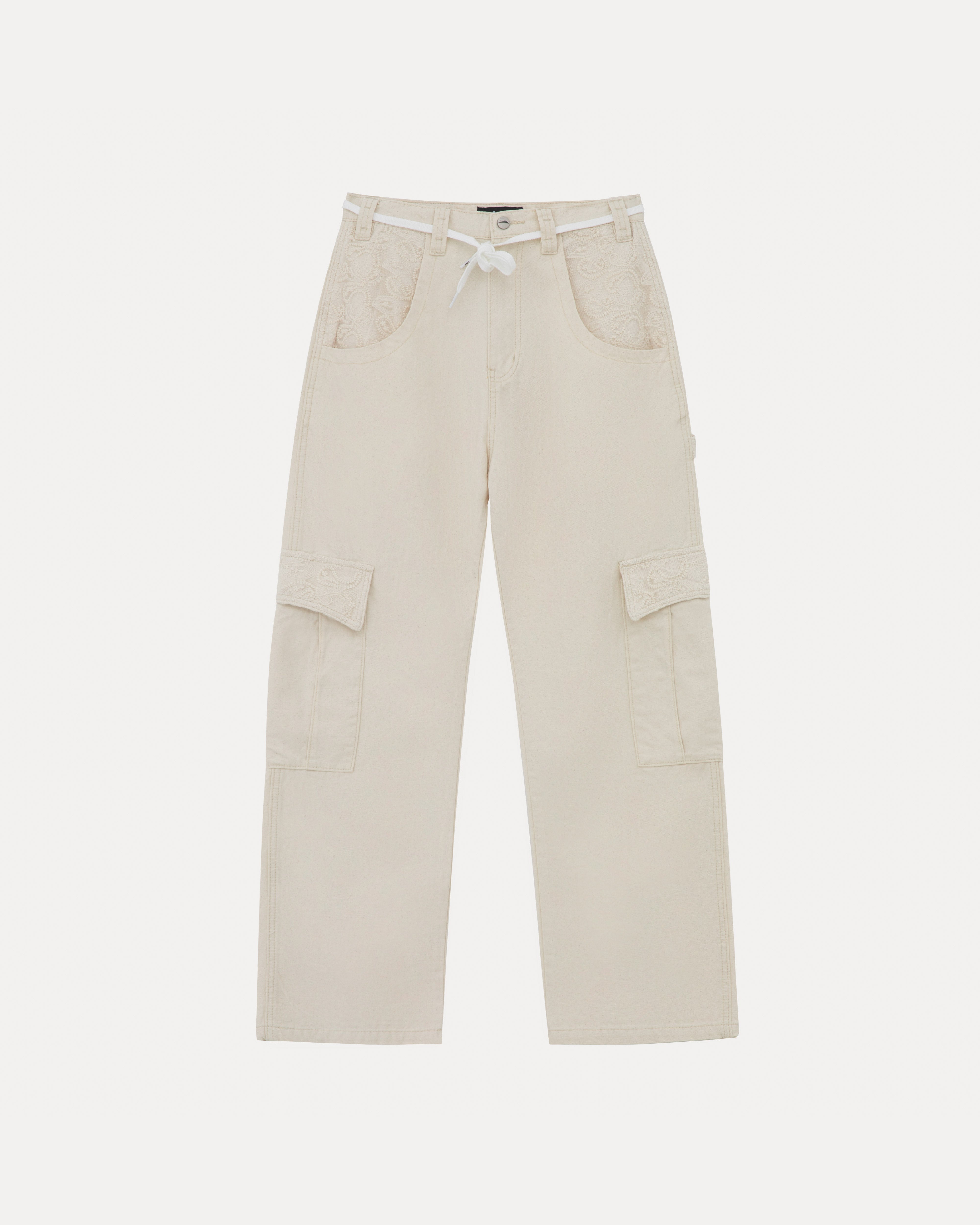lakai-wide-leg-lace-applique-cargo-pant-natural-pantalon-cargo image 1
