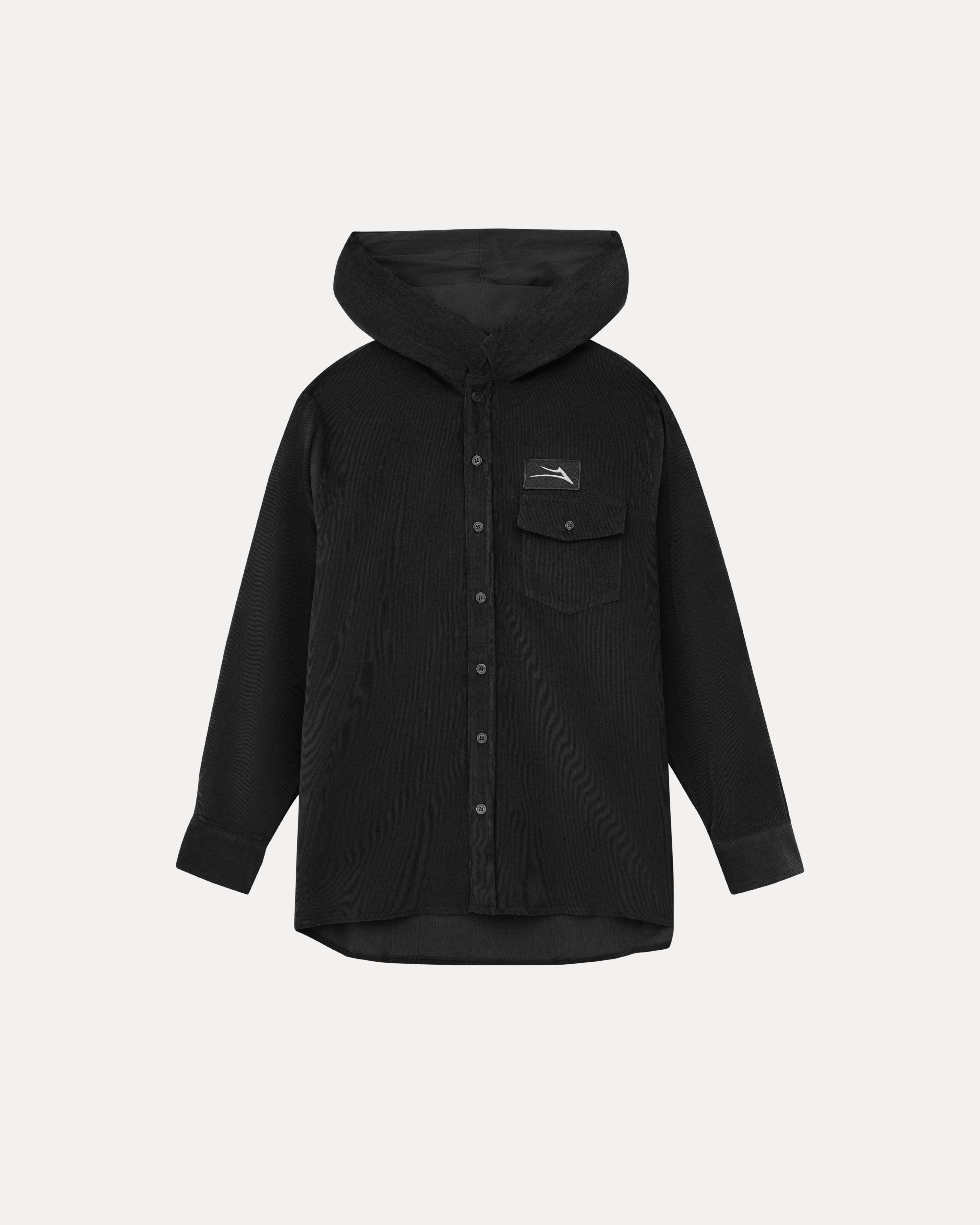 lakai-hooded-corduroy-button-up-shirt-chemise-noire-capuche image 1
