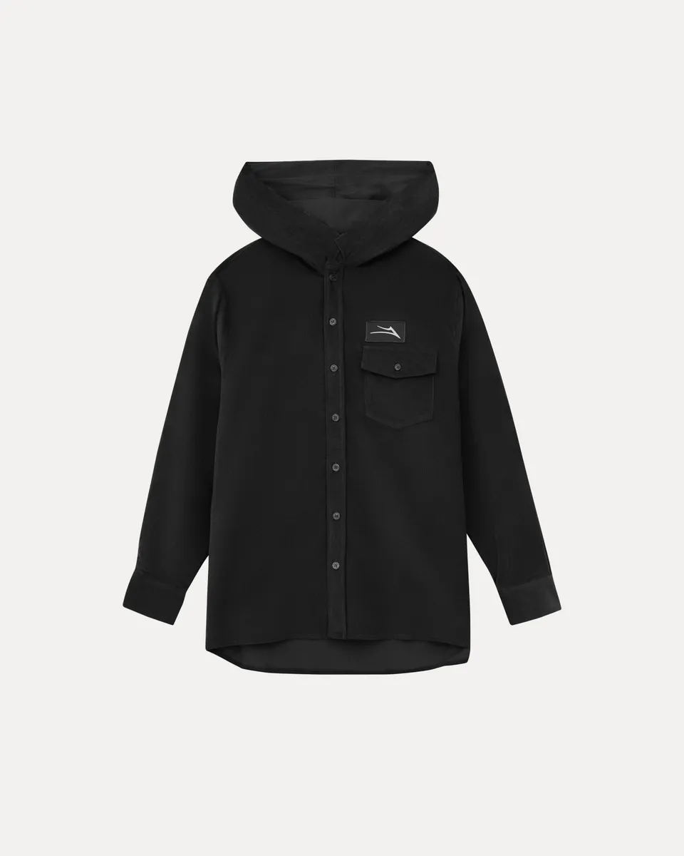 lakai-hooded-corduroy-button-up-shirt-chemise-noire-capuche image 1